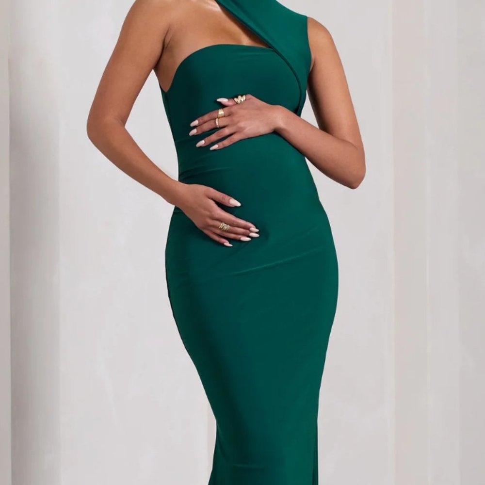 BOTTLE GREEN HIGH-NECK CUT-OUT MATERNITY MAXI DRESS